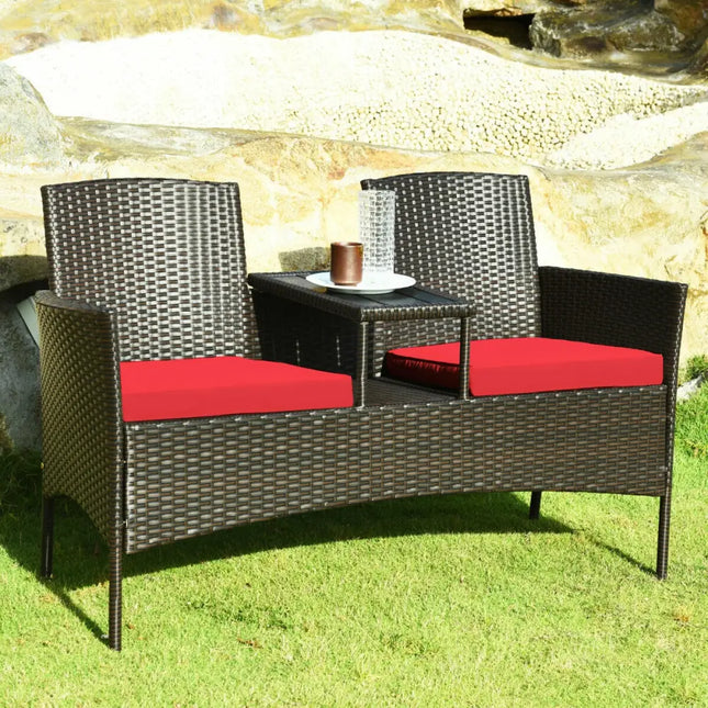 Modern Patio Conversation Set with Built-in Coffee Table and Cushions -Red - Red - Patio Conversation Sets