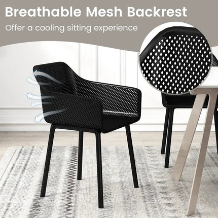 Modern Plastic Dining Chairs Set of 2 Kitchen Armchairs with Breathable Mesh Backres-Black - Black - Dining Chairs