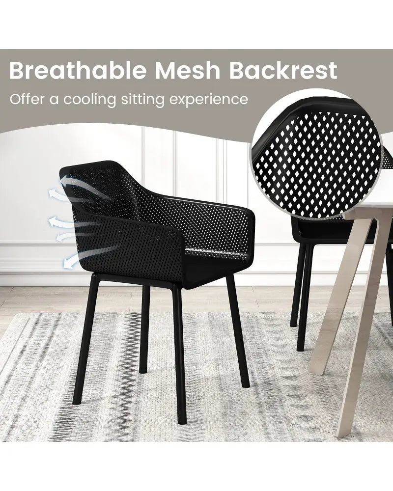Modern Plastic Dining Chairs Set of 2 Kitchen Armchairs with Breathable Mesh Backres-Black - Black - Dining Chairs