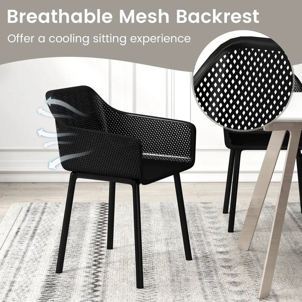 Modern Plastic Dining Chairs Set of 2 Kitchen Armchairs with Breathable Mesh Backres-Black - Black - Dining Chairs