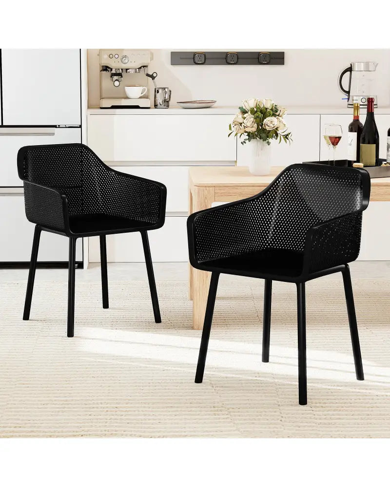 Modern Plastic Dining Chairs Set of 2 Kitchen Armchairs with Breathable Mesh Backres-Black - Black - Dining Chairs