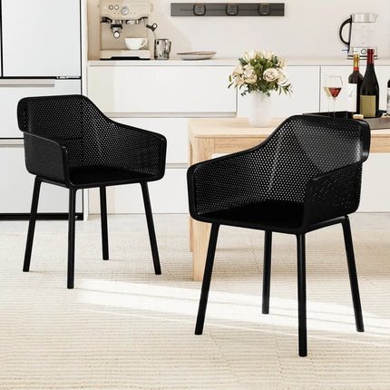 Modern Plastic Dining Chairs Set of 2 Kitchen Armchairs with Breathable Mesh Backres-Black - Black - Dining Chairs