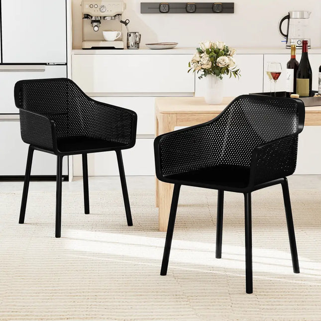 Modern Plastic Dining Chairs Set of 2 Kitchen Armchairs with Breathable Mesh Backres-Black - Black - Dining Chairs