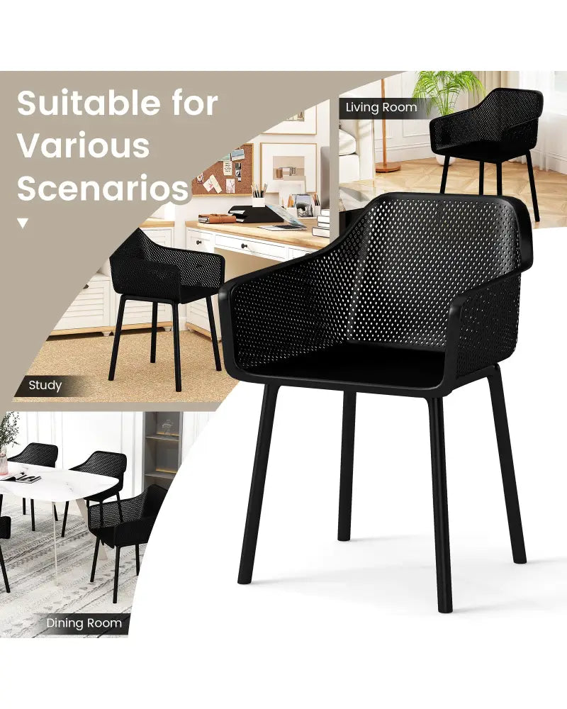 Modern Plastic Dining Chairs Set of 2 Kitchen Armchairs with Breathable Mesh Backres-Black - Black - Dining Chairs