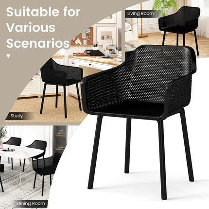 Modern Plastic Dining Chairs Set of 4 Kitchen Armchairs with Breathable Mesh Backrest-Black - Black - Dining Chairs