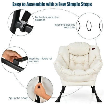 Modern Polyester Fabric Lazy Chair with Steel Frame and Side Pocket-Beige - Beige - Accent Chairs