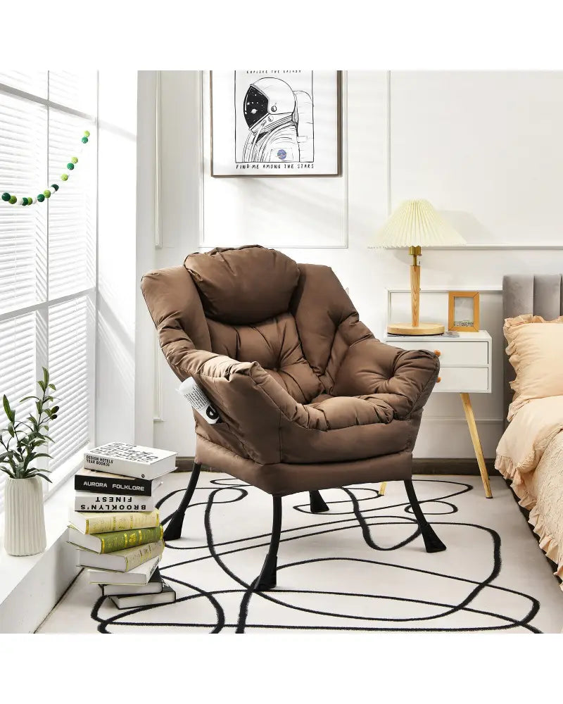 Modern Polyester Fabric Lazy Chair with Steel Frame and Side Pocket-Brown - Brown - Accent Chairs