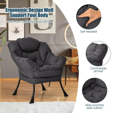 Modern Polyester Fabric Lazy Chair with Steel Frame and Side Pocket-Gray - Gray - Accent Chairs