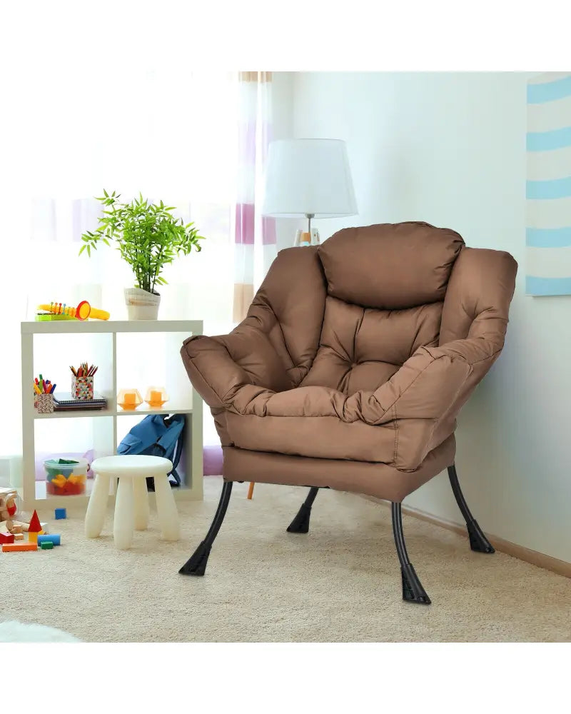 Modern Polyester Fabric Lazy Chair with Steel Frame and Side Pocket-Brown - Brown - Accent Chairs