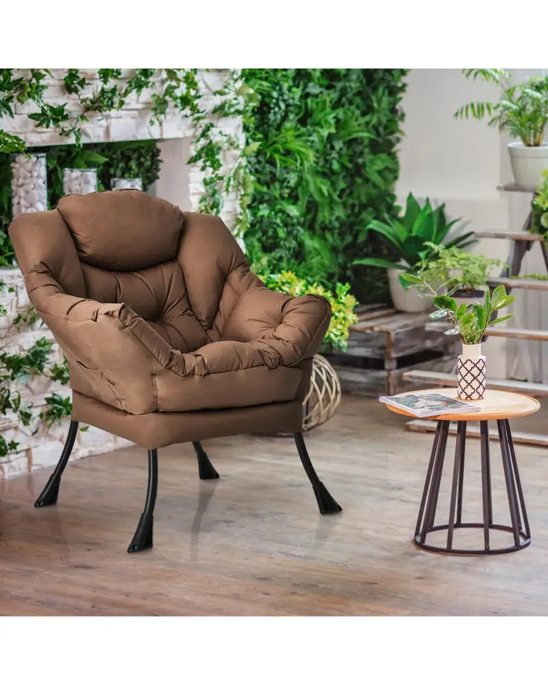 Modern Polyester Fabric Lazy Chair with Steel Frame and Side Pocket-Brown - Brown - Accent Chairs