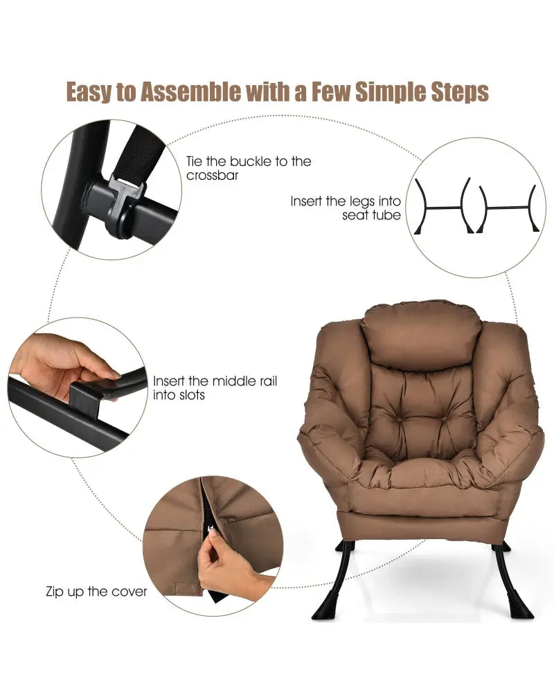 Modern Polyester Fabric Lazy Chair with Steel Frame and Side Pocket-Brown - Brown - Accent Chairs