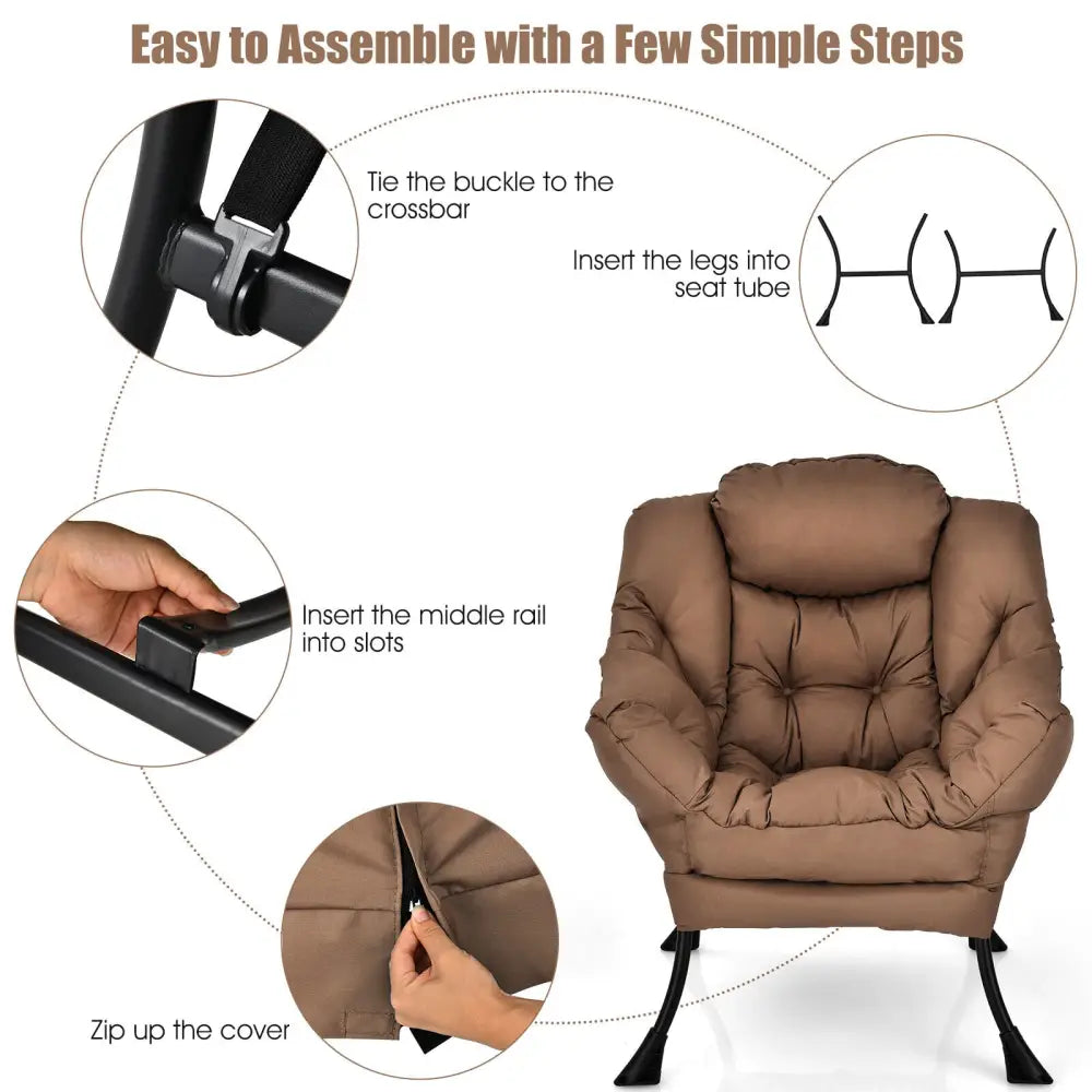 Modern Polyester Fabric Lazy Chair with Steel Frame and Side Pocket-Brown - Brown - Accent Chairs