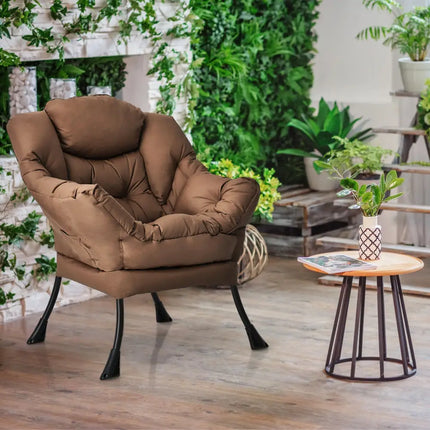 Modern Polyester Fabric Lazy Chair with Steel Frame and Side Pocket-Brown - Brown - Accent Chairs