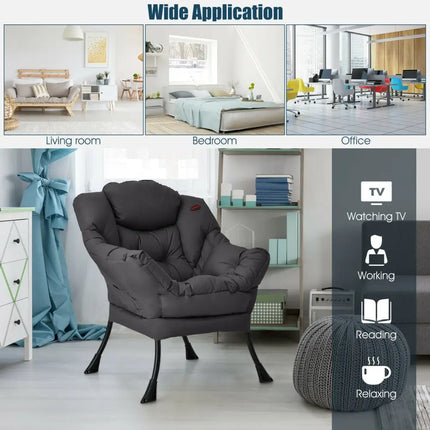 Modern Polyester Fabric Lazy Chair with Steel Frame and Side Pocket-Gray - Gray - Accent Chairs