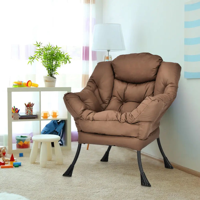 Modern Polyester Fabric Lazy Chair with Steel Frame and Side Pocket-Brown - Brown - Accent Chairs
