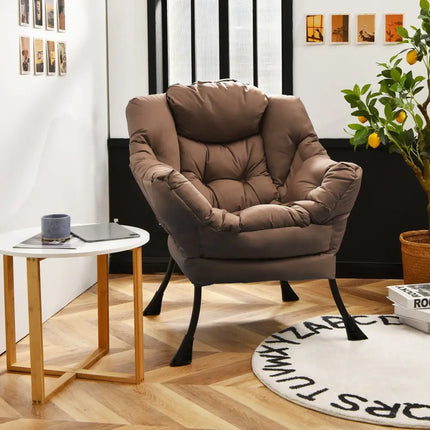 Modern Polyester Fabric Lazy Chair with Steel Frame and Side Pocket-Brown - Brown - Accent Chairs