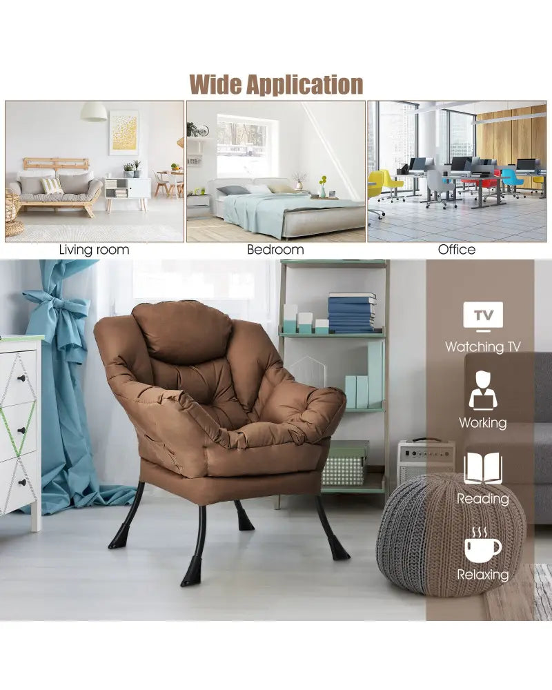 Modern Polyester Fabric Lazy Chair with Steel Frame and Side Pocket-Brown - Brown - Accent Chairs