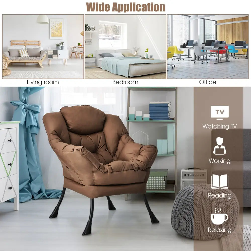 Modern Polyester Fabric Lazy Chair with Steel Frame and Side Pocket-Brown - Brown - Accent Chairs