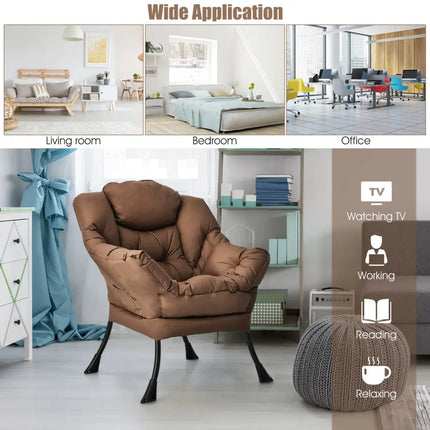 Modern Polyester Fabric Lazy Chair with Steel Frame and Side Pocket-Brown - Brown - Accent Chairs