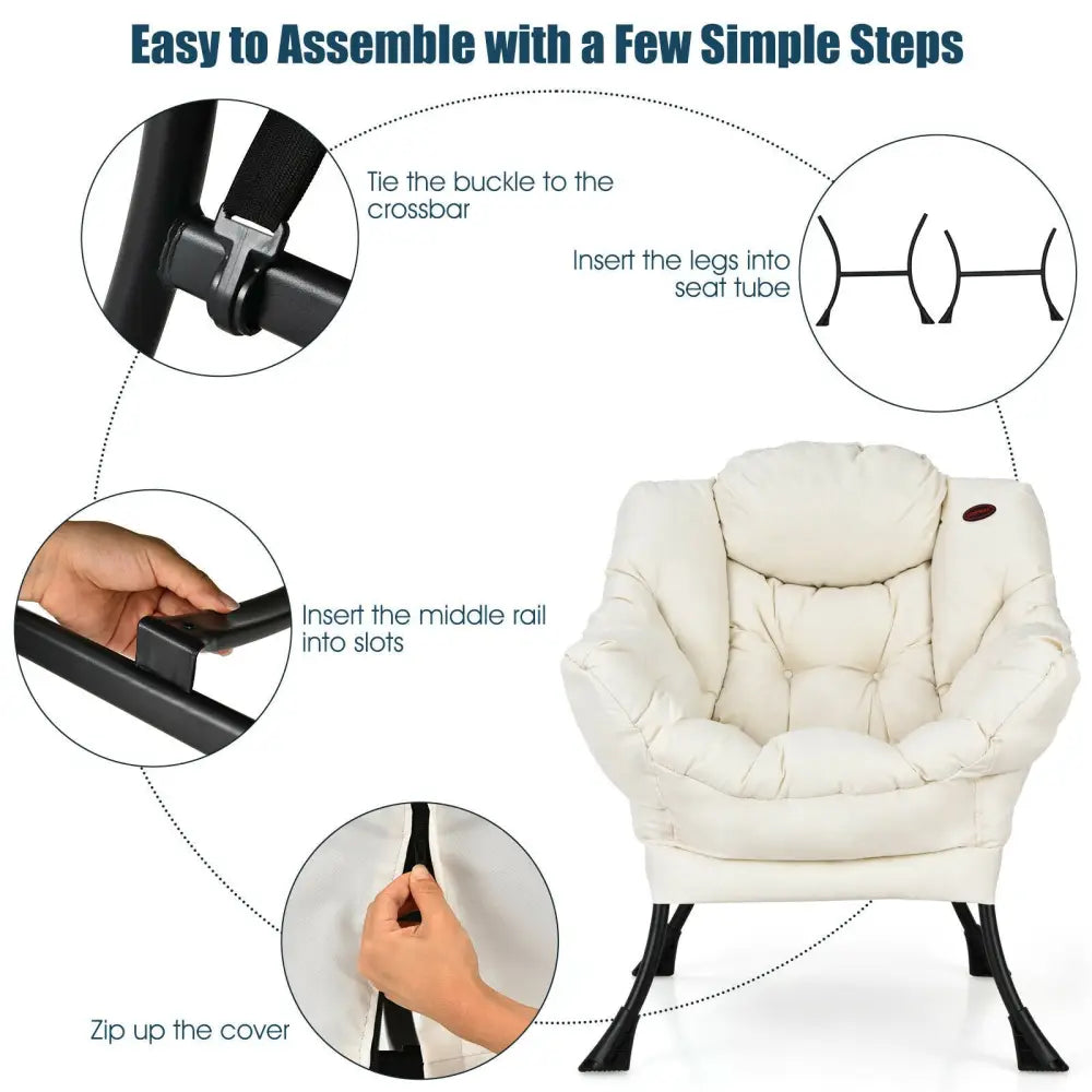 Modern Polyester Fabric Lazy Chair with Steel Frame and Side Pocket-Beige - Beige - Accent Chairs