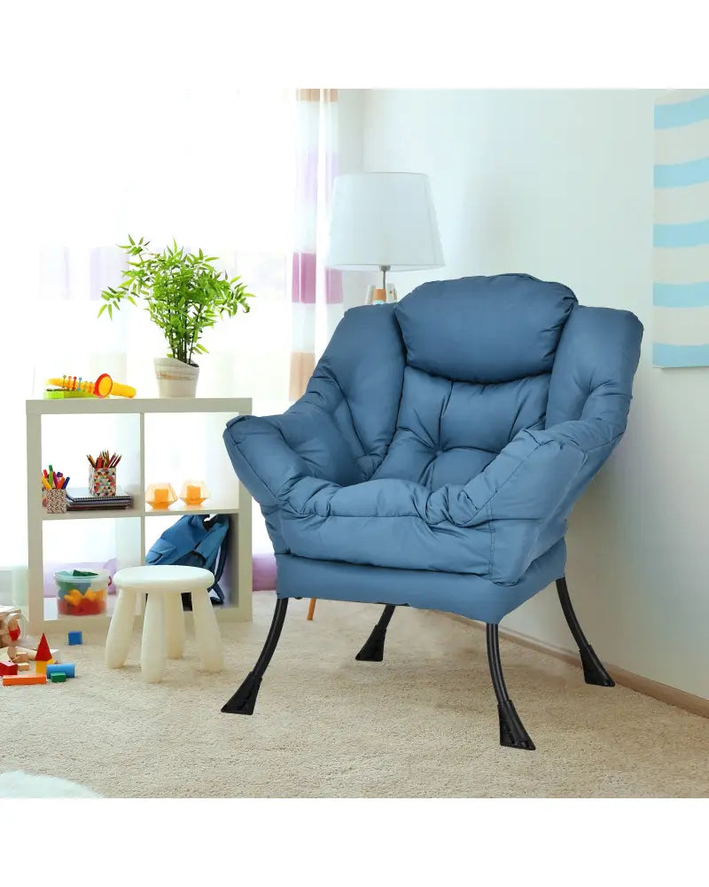 Modern Polyester Fabric Lazy Chair with Steel Frame and Side Pocket-Navy - Navy - Accent Chairs