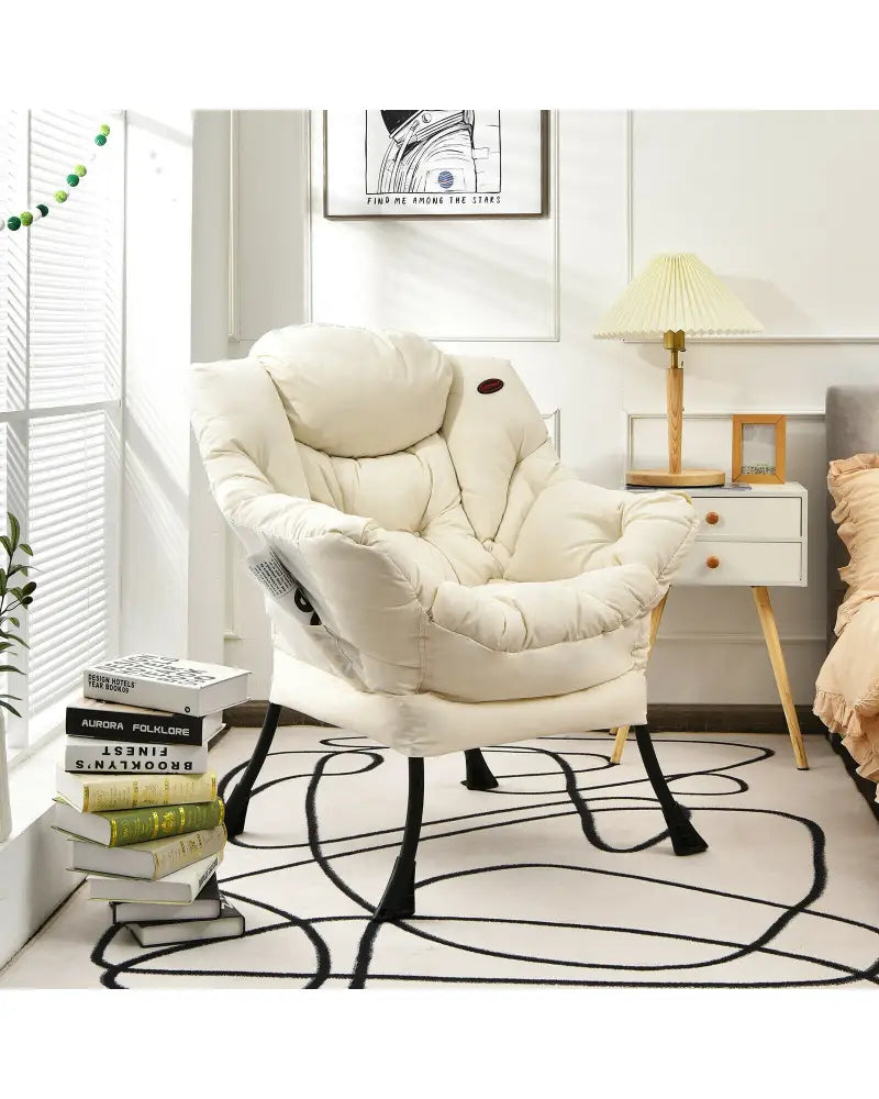 Modern Polyester Fabric Lazy Chair with Steel Frame and Side Pocket-Beige - Beige - Accent Chairs