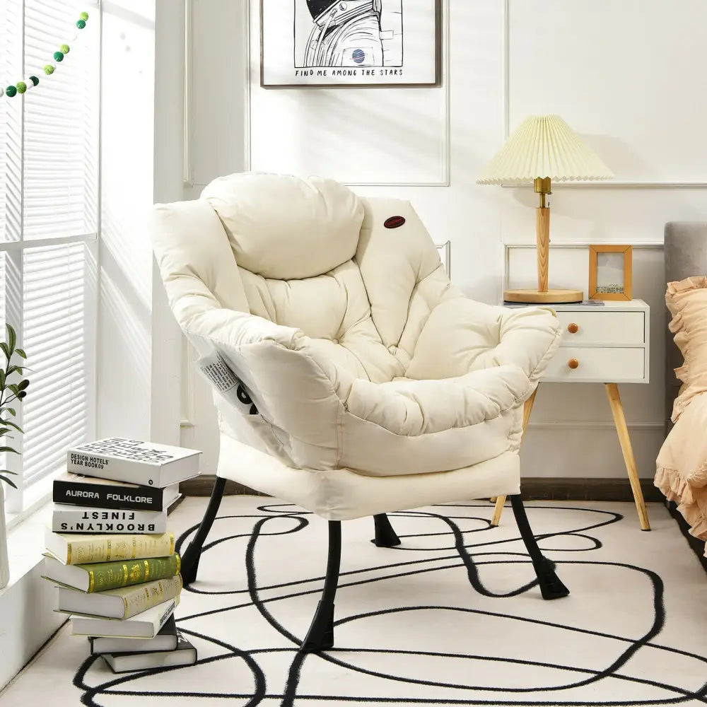 Modern Polyester Fabric Lazy Chair with Steel Frame and Side Pocket-Beige - Beige - Accent Chairs