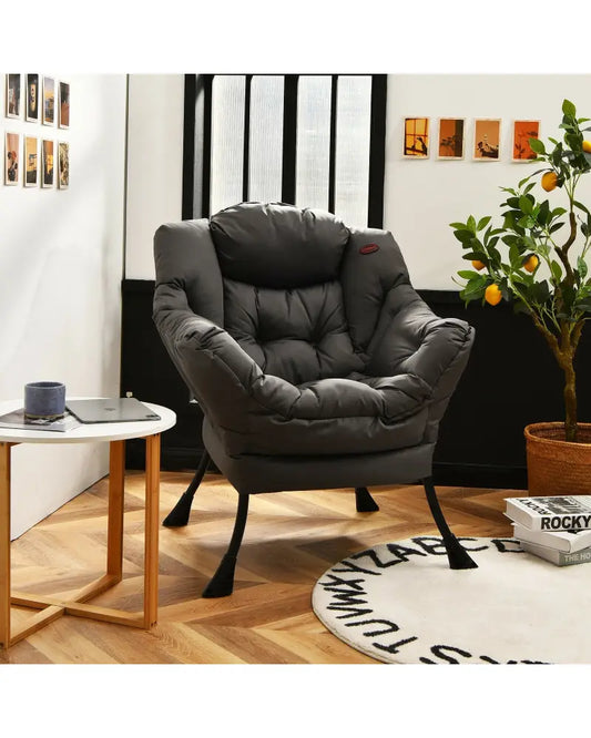 Modern Polyester Fabric Lazy Chair with Steel Frame and Side Pocket-Gray - Gray - Accent Chairs
