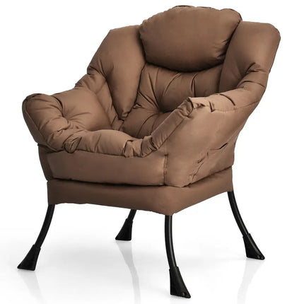 Modern Polyester Fabric Lazy Chair with Steel Frame and Side Pocket-Brown - Brown - Accent Chairs