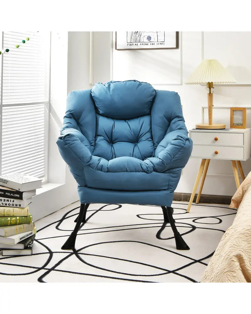 Modern Polyester Fabric Lazy Chair with Steel Frame and Side Pocket-Navy - Navy - Accent Chairs
