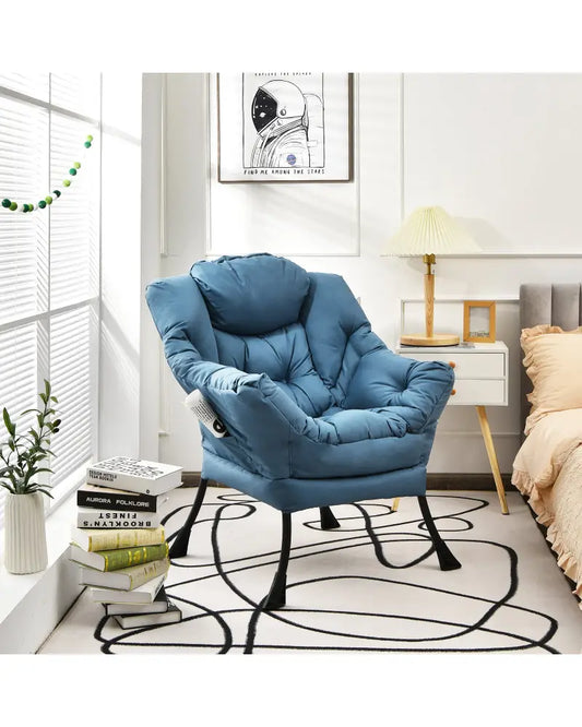 Modern Polyester Fabric Lazy Chair with Steel Frame and Side Pocket-Navy - Navy - Accent Chairs