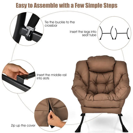 Modern Polyester Fabric Lazy Chair with Steel Frame and Side Pocket-Brown - Brown - Accent Chairs