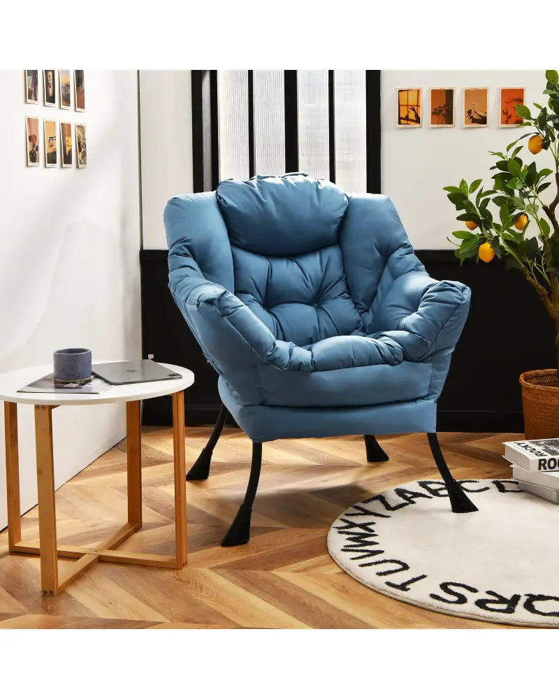 Modern Polyester Fabric Lazy Chair with Steel Frame and Side Pocket-Navy - Navy - Accent Chairs