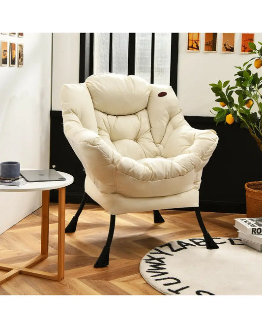 Modern Polyester Fabric Lazy Chair with Steel Frame and Side Pocket-Beige - Beige - Accent Chairs
