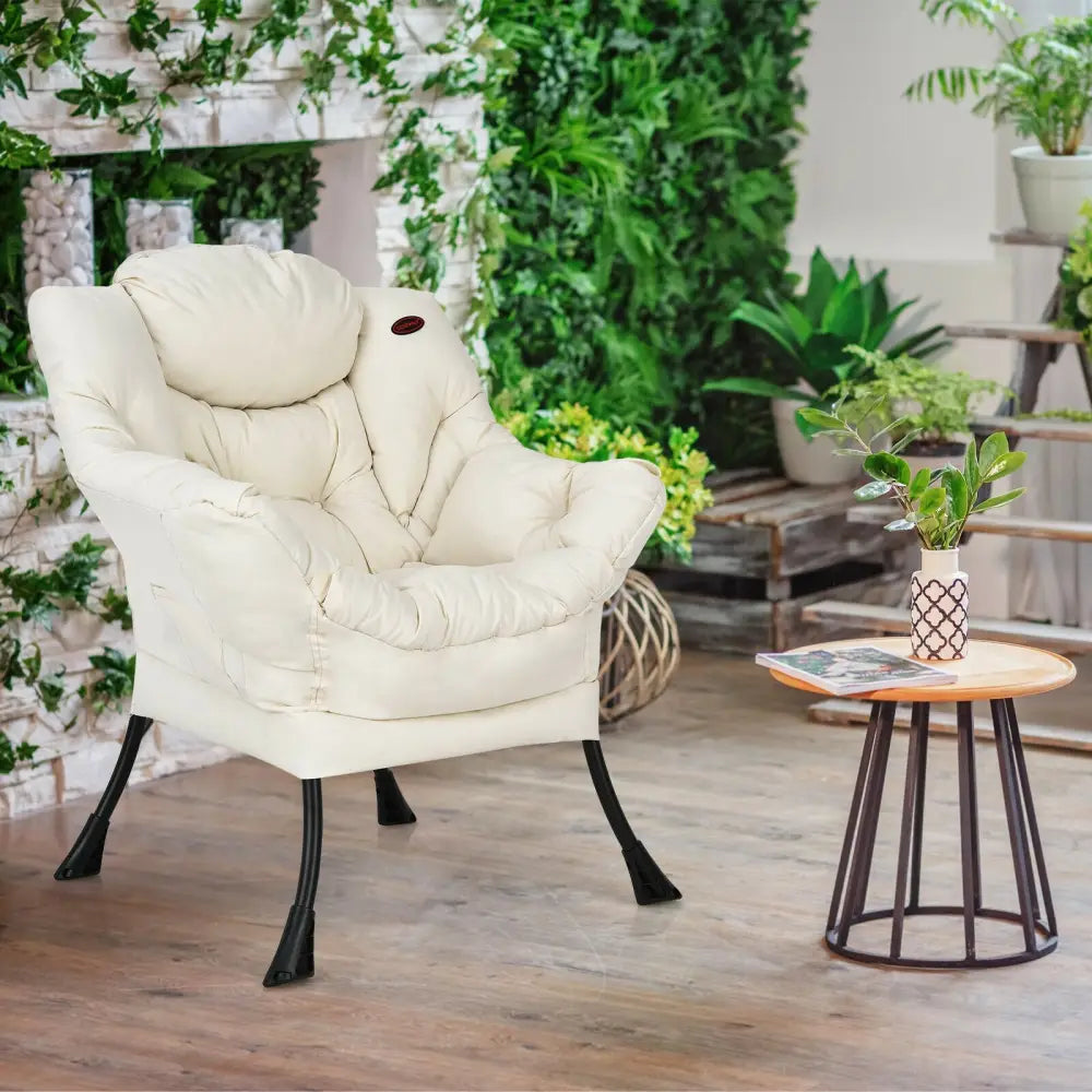 Modern Polyester Fabric Lazy Chair with Steel Frame and Side Pocket-Beige - Beige - Accent Chairs