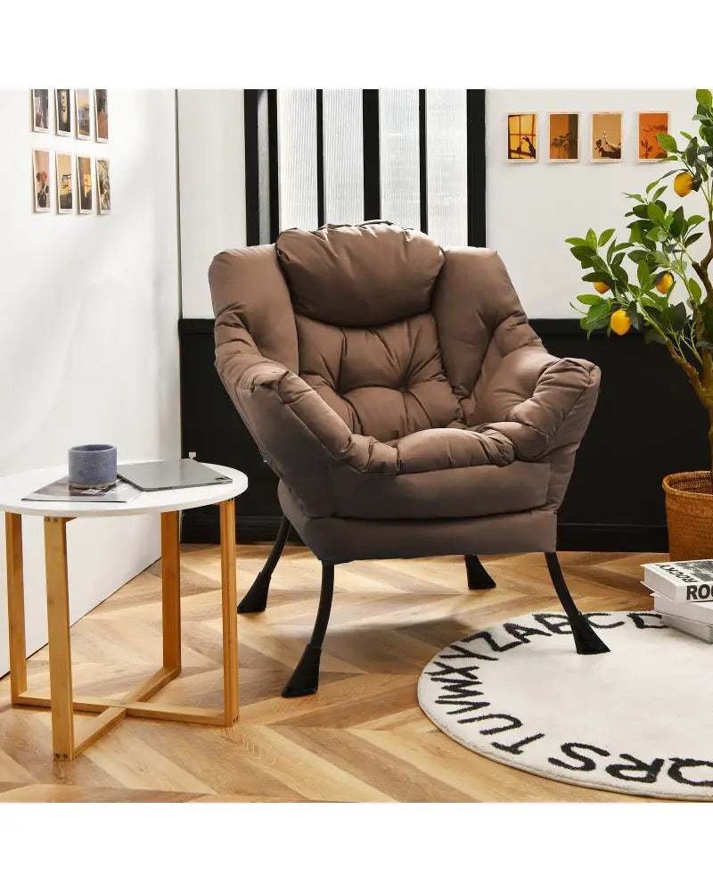 Modern Polyester Fabric Lazy Chair with Steel Frame and Side Pocket-Brown - Brown - Accent Chairs