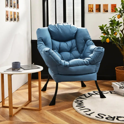 Modern Polyester Fabric Lazy Chair with Steel Frame and Side Pocket-Navy - Navy - Accent Chairs