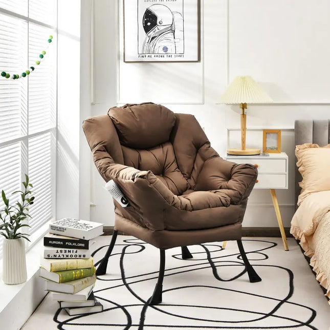 Modern Polyester Fabric Lazy Chair with Steel Frame and Side Pocket-Brown - Brown - Accent Chairs