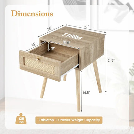 Modern Rattan Nightstand with Drawer and Solid Wood Legs for Bedroom and Living Room-Natural - Natural - Nightstands