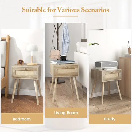 Modern Rattan Nightstand with Drawer and Solid Wood Legs for Bedroom and Living Room-Natural - Natural - Nightstands