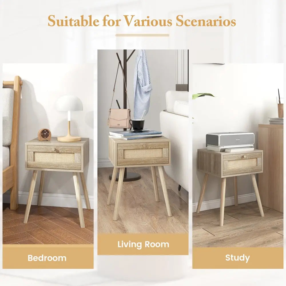 Modern Rattan Nightstand with Drawer and Solid Wood Legs for Bedroom and Living Room-Natural - Natural - Nightstands