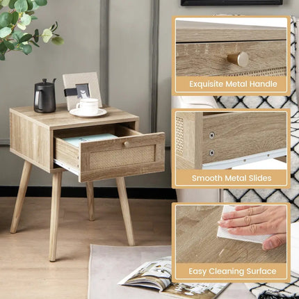 Modern Rattan Nightstand with Drawer and Solid Wood Legs for Bedroom and Living Room-Natural - Natural - Nightstands