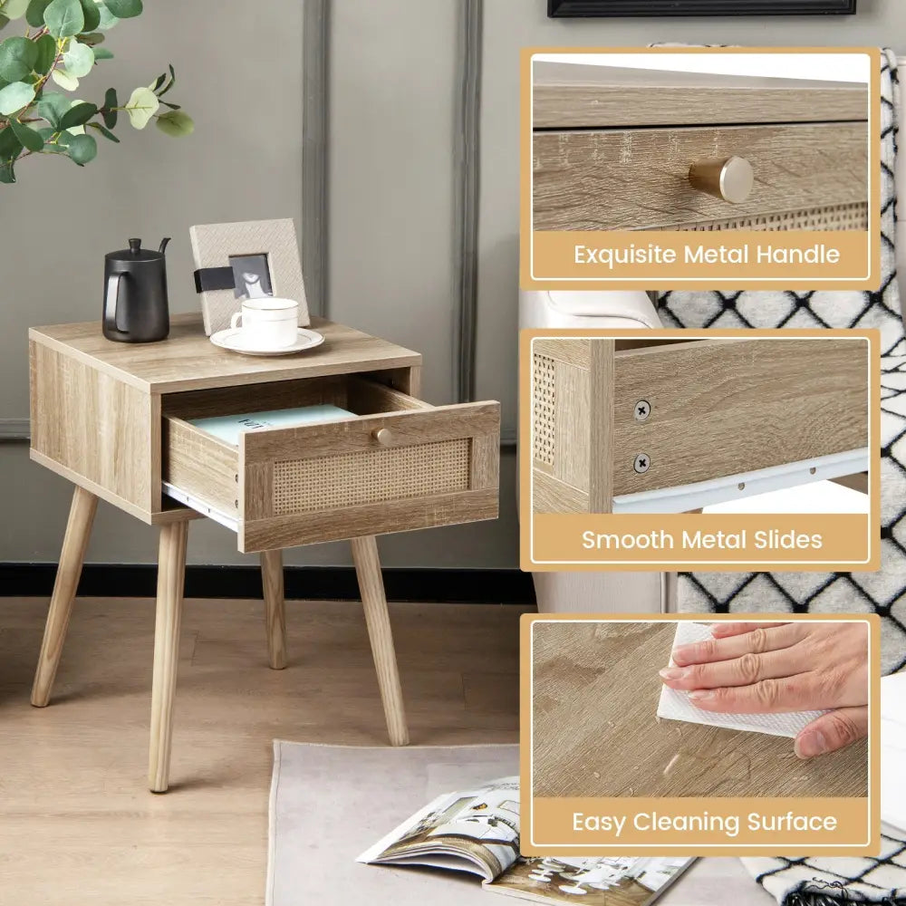 Modern Rattan Nightstand with Drawer and Solid Wood Legs for Bedroom and Living Room-Natural - Natural - Nightstands