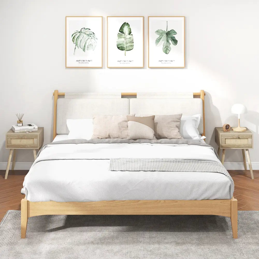 Modern Rattan Nightstand with Drawer and Solid Wood Legs for Bedroom and Living Room-Natural - Natural - Nightstands