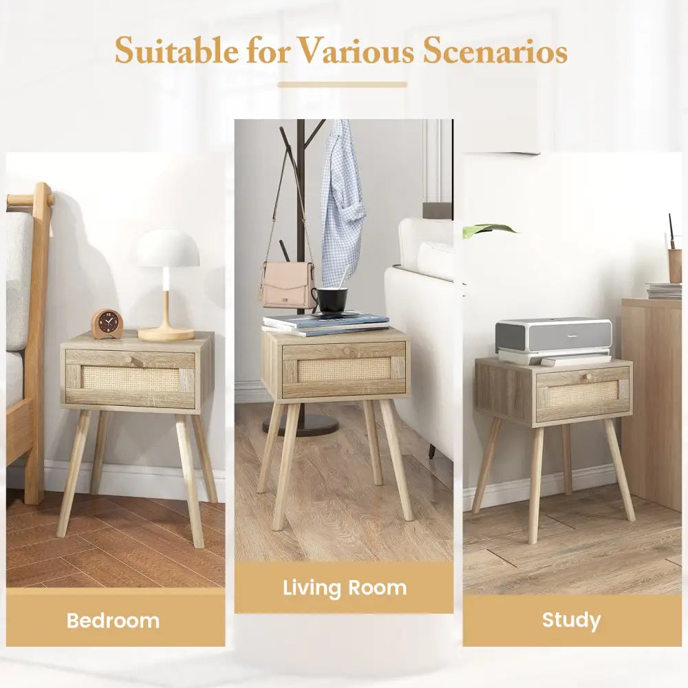 Modern Rattan Nightstand with Drawer and Solid Wood Legs for Bedroom and Living Room-Natural - Natural - Nightstands