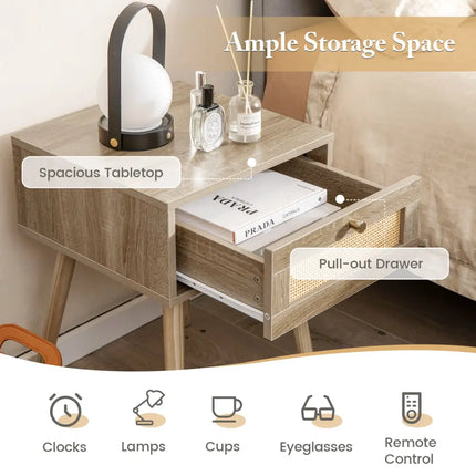 Modern Rattan Nightstand with Drawer and Solid Wood Legs for Bedroom and Living Room-Natural - Natural - Nightstands