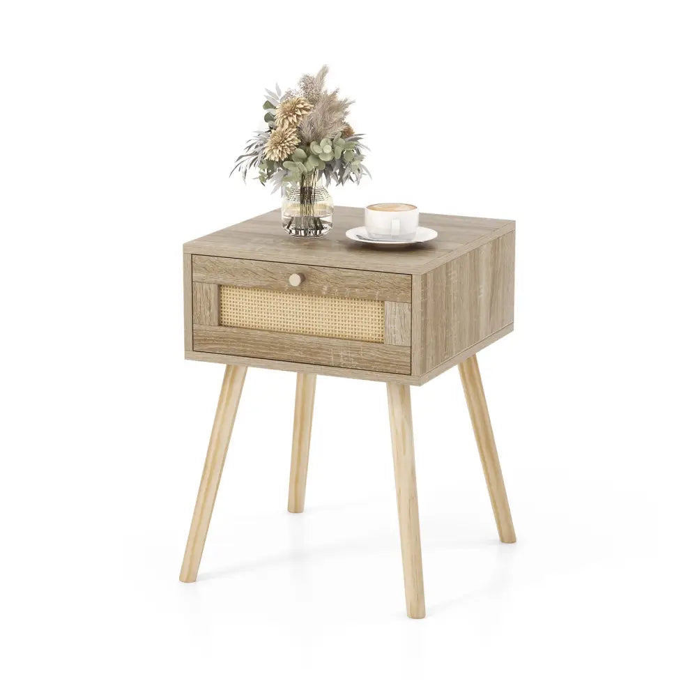 Modern Rattan Nightstand with Drawer and Solid Wood Legs for Bedroom and Living Room-Natural - Natural - Nightstands