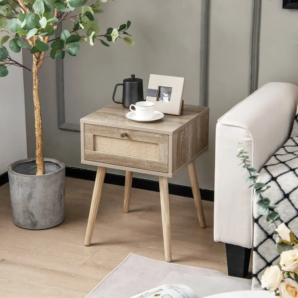 Modern Rattan Nightstand with Drawer and Solid Wood Legs for Bedroom and Living Room-Natural - Natural - Nightstands