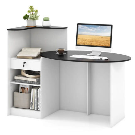 Modern Reception Desk Front Counter Desk with Oval Tabletop-Black - Black - Computer Desks
