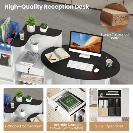 Modern Reception Desk Front Counter Desk with Oval Tabletop-Black - Black - Computer Desks
